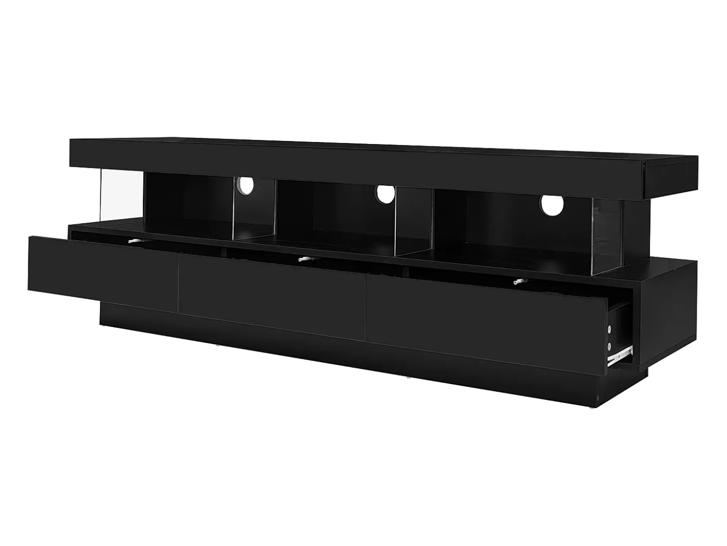 Suporte para TV com iluminação LED, 3 gavetas e 3 prateleiras em vidro - Laca preta brilhante