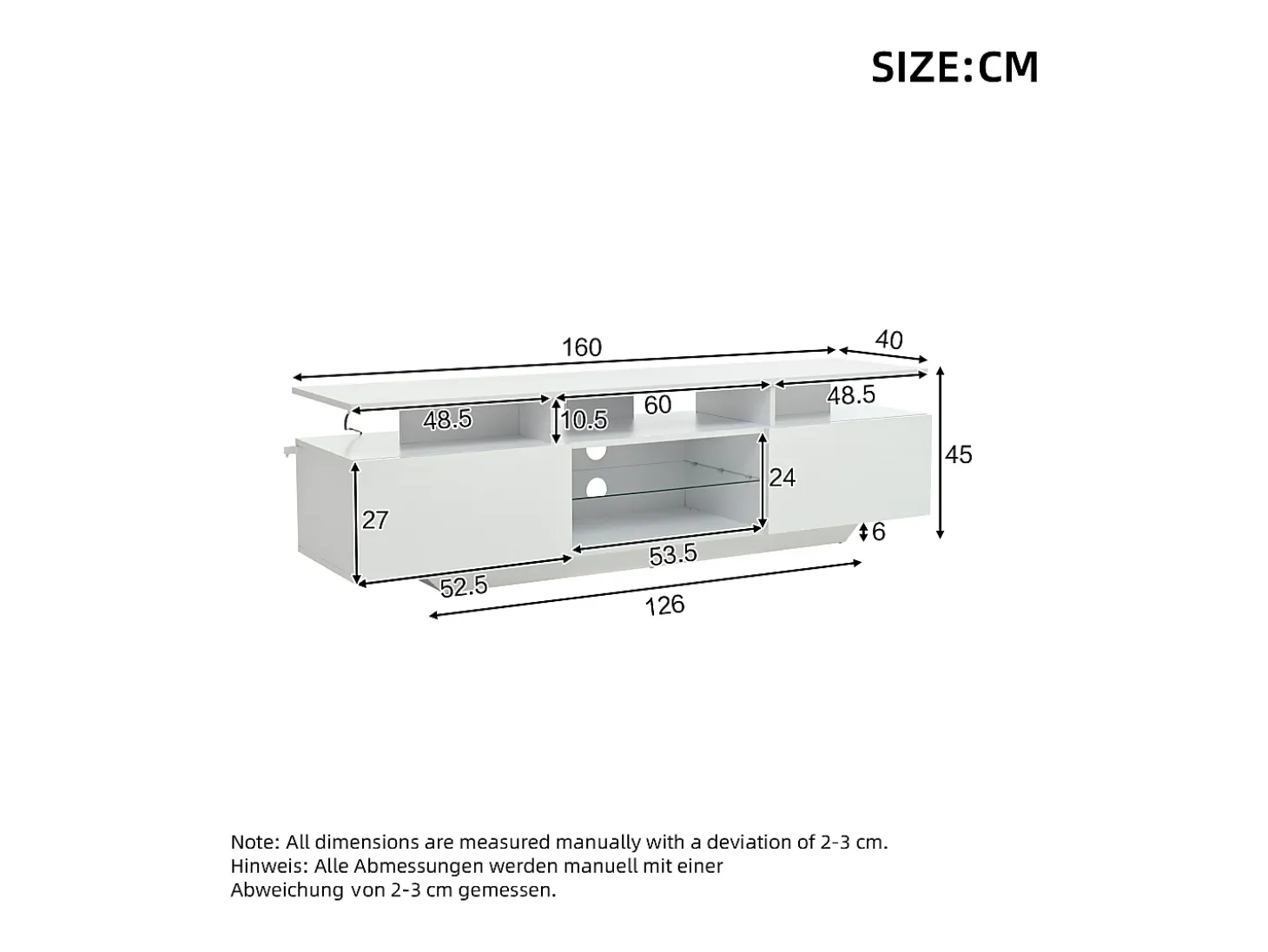 Suporte para TV com iluminação LED, 2 portas e prateleiras em vidro - acabamento brilhante - Branco