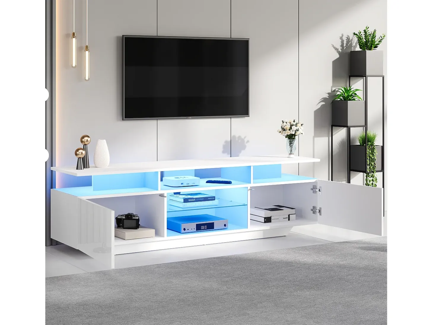 Suporte para TV com iluminação LED, 2 portas e prateleiras em vidro - acabamento brilhante - Branco