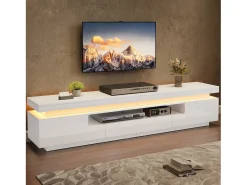 Suporte para TV com iluminação LED, 2 portas em forma de L e uma gaveta - acabamento brilhante - Branco