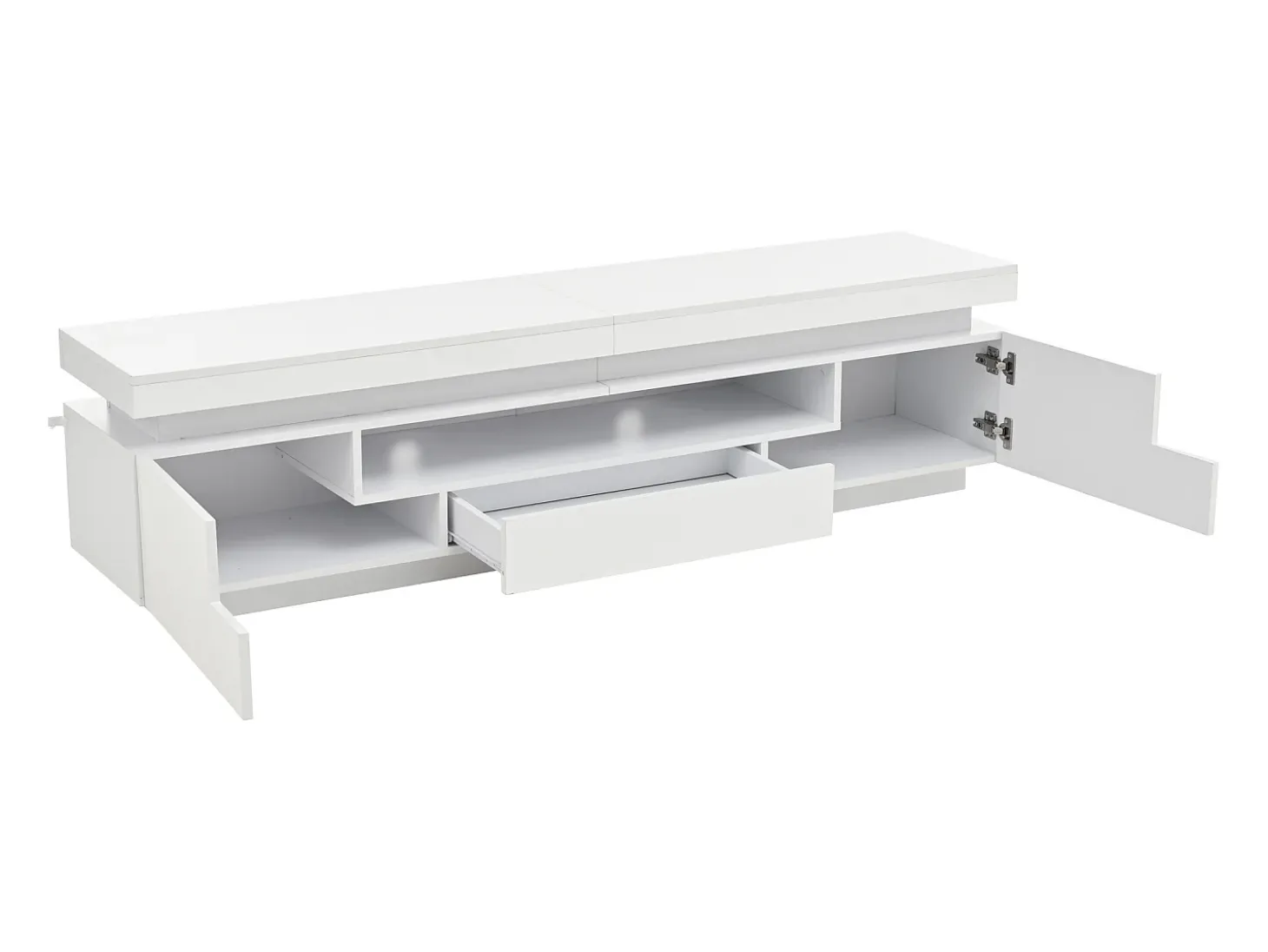 Suporte para TV com iluminação LED, 2 portas em forma de L e uma gaveta - acabamento brilhante - Branco