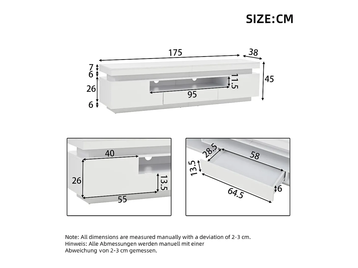 Suporte para TV com iluminação LED, 2 portas em forma de L e uma gaveta - acabamento brilhante - Branco
