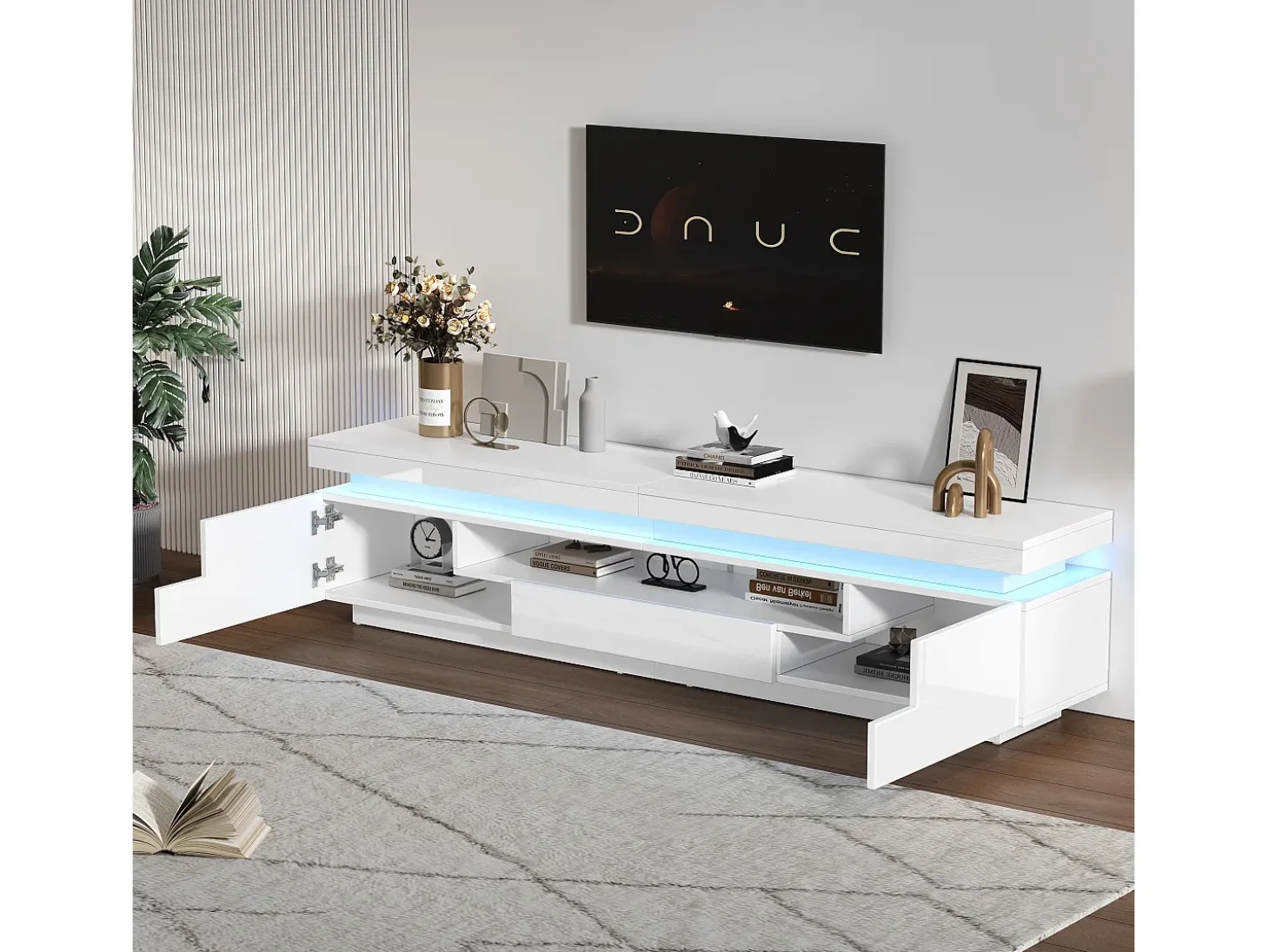 Suporte para TV com iluminação LED, 2 portas em forma de L e uma gaveta - acabamento brilhante - Branco