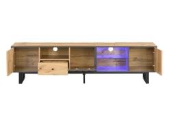 Suporte para TV com iluminação LED, 3 portas e gaveta - Pés em metal - Tons claros em tons de natural e cinza
