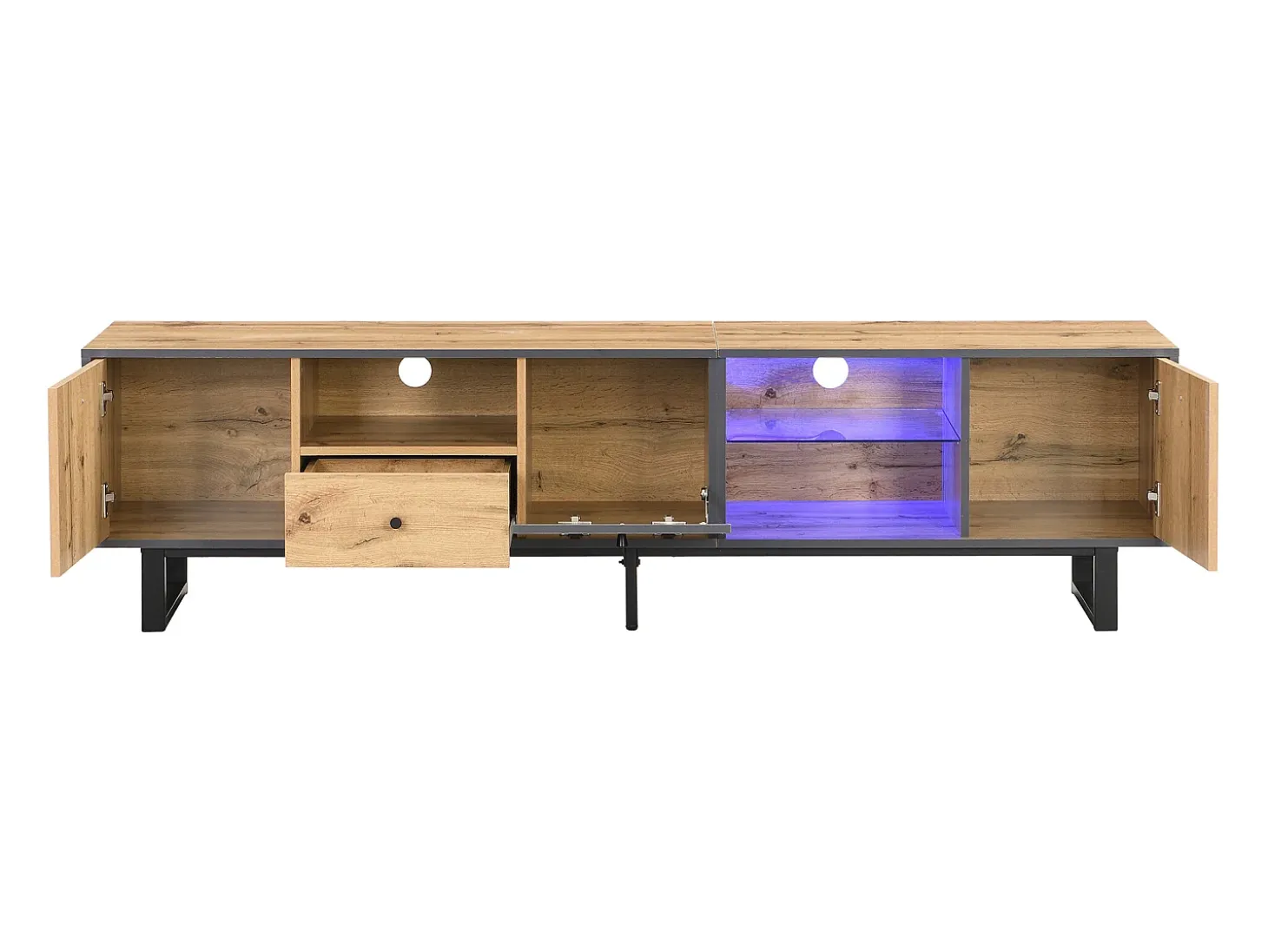 Suporte para TV com iluminação LED, 3 portas e gaveta - Pés em metal - Tons claros em tons de natural e cinza