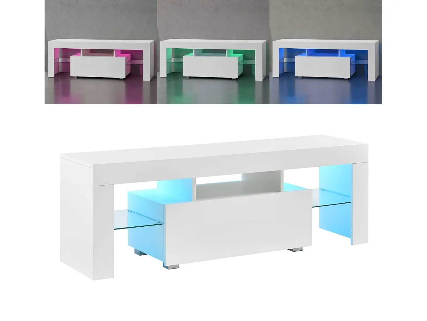Suporte para TV com iluminação LED multicolorida banco de design com prateleiras 130 cm branco 03_0005859
