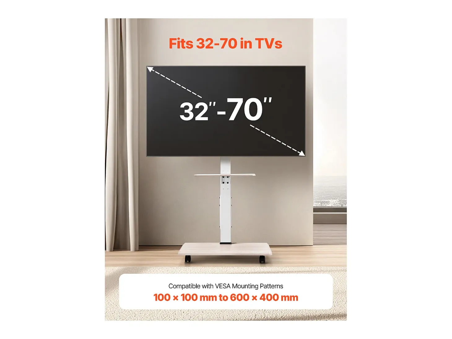 Suporte para TV com Rodas SucceBuy, Ecrãs de 81,2,8-177,8 cm, Carrinho Móvel, Rotação de 25°, Altura Ajustável, 40 kg, VESA 60 x 40 cm, Quarto/Exterior