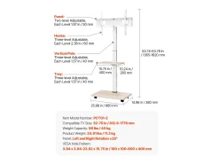 Suporte para TV com Rodas SucceBuy, Ecrãs de 81,2,8-177,8 cm, Carrinho Móvel, Rotação de 25°, Altura Ajustável, 40 kg, VESA 60 x 40 cm, Quarto/Exterior