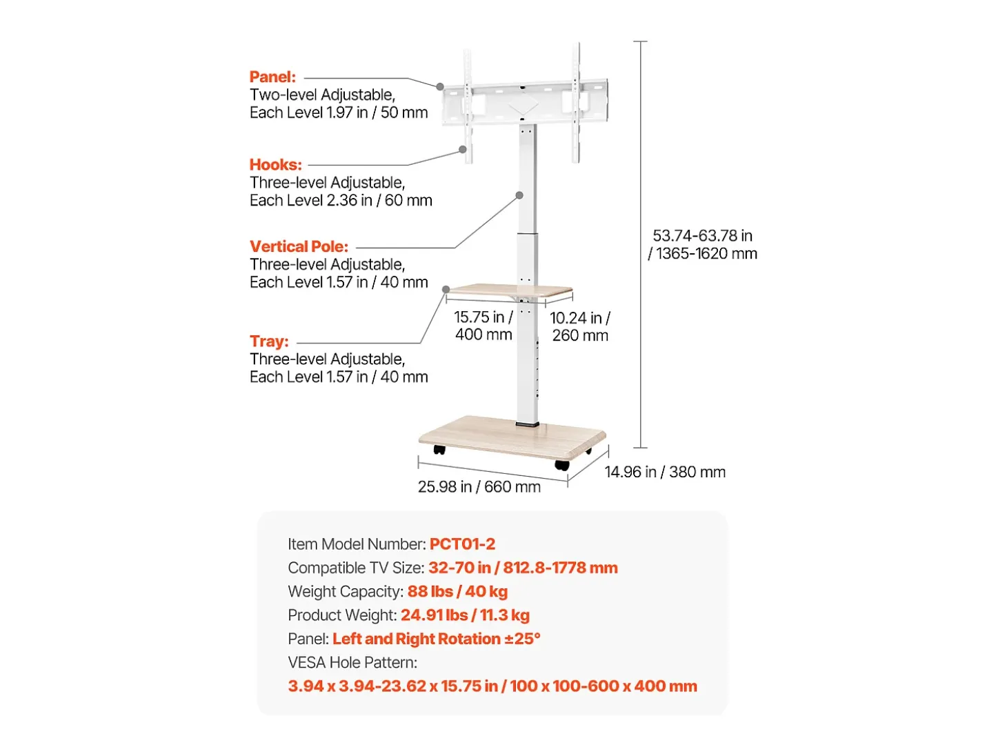 Suporte para TV com Rodas SucceBuy, Ecrãs de 81,2,8-177,8 cm, Carrinho Móvel, Rotação de 25°, Altura Ajustável, 40 kg, VESA 60 x 40 cm, Quarto/Exterior