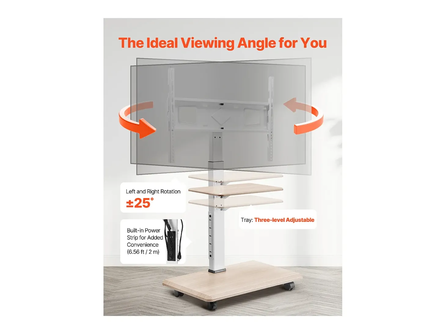 Suporte para TV com Rodas SucceBuy, Ecrãs de 81,2,8-177,8 cm, Carrinho Móvel, Rotação de 25°, Altura Ajustável, 40 kg, VESA 60 x 40 cm, Quarto/Exterior