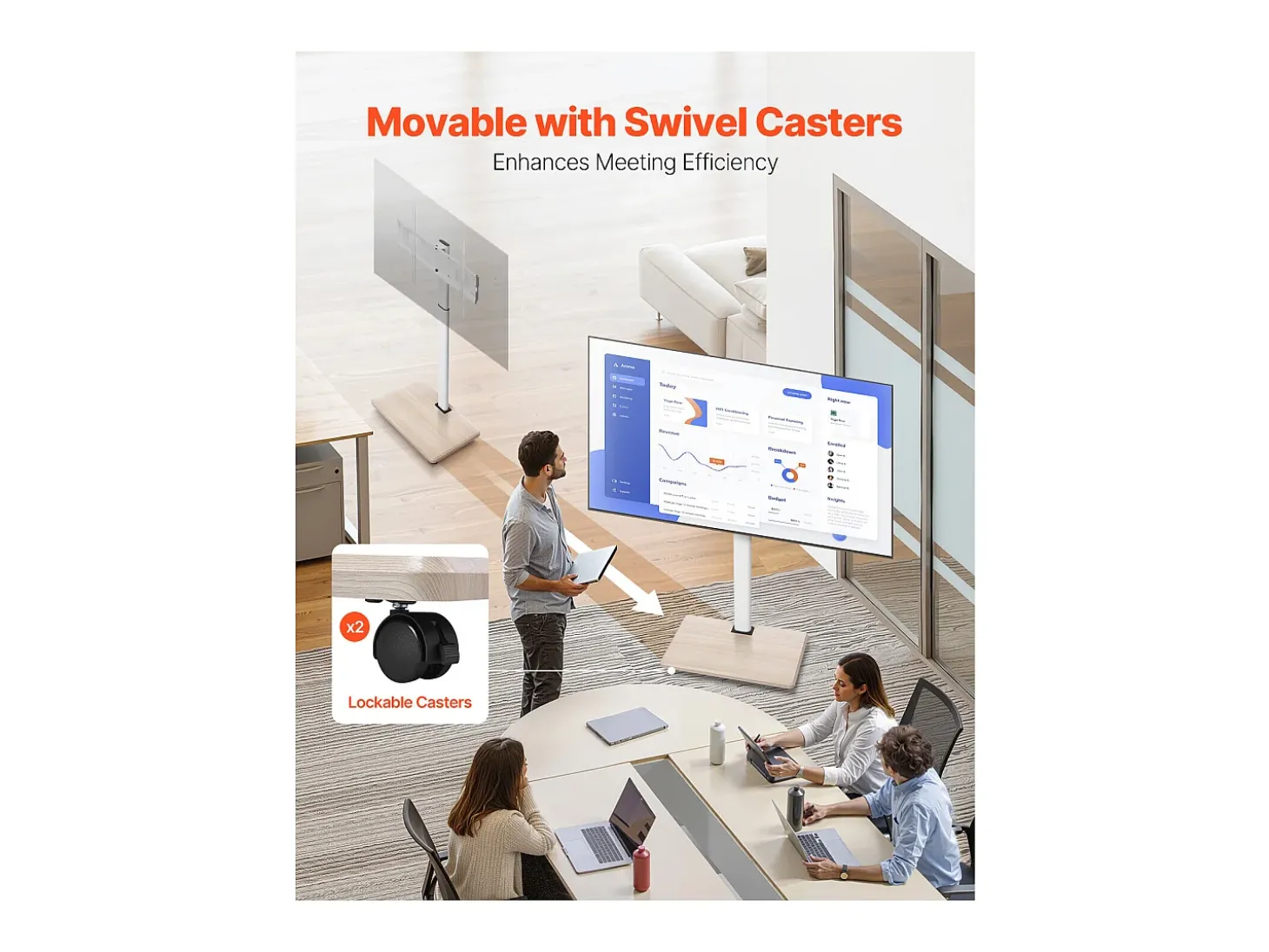 Suporte para TV com Rodízios SucceBuy, Ecrãs de 812,8-1778 mm,Carrinho Móvel, Rotação de 25°, Altura Ajustável, 40 kg, VESA 60 x 40 cm,Sala de Estar/Exterior