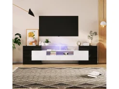 Suporte para TV de 200 cm, acabamento brilhante com iluminação LED, móvel para sala de estar, elegante superfície de vidro, preto.