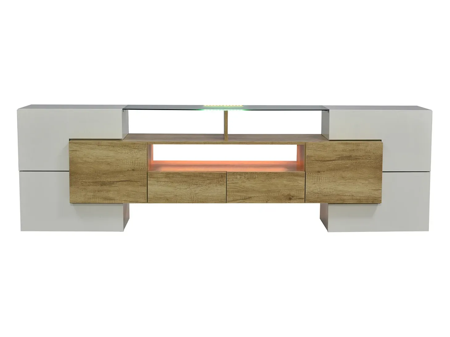 Suporte para TV de 200 cm com iluminação LED, móvel para sala de estar, design moderno, elegante superfície de vidro, cor madeira.