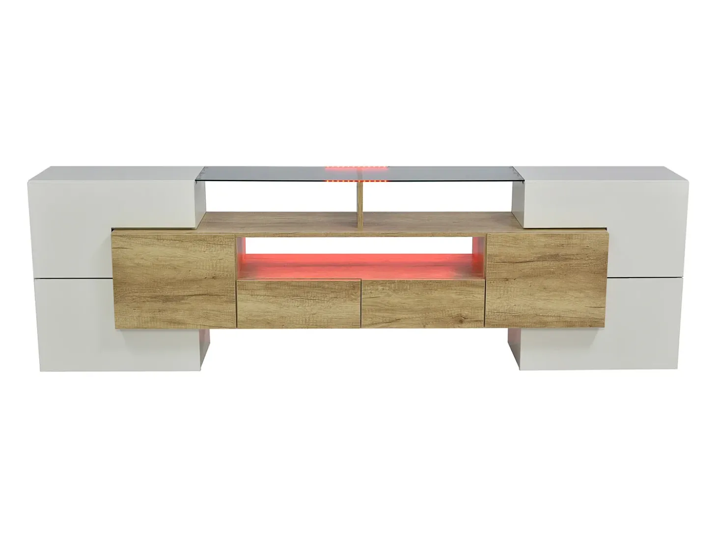 Suporte para TV de 200 cm com iluminação LED, móvel para sala de estar, design moderno, elegante superfície de vidro, cor madeira.