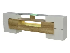 Suporte para TV de 200 cm com iluminação LED, móvel para sala de estar, design moderno, elegante superfície de vidro, cor madeira.