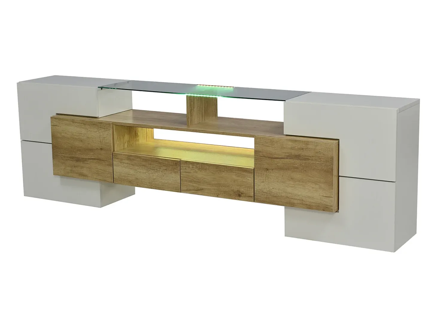 Suporte para TV de 200 cm com iluminação LED, móvel para sala de estar, design moderno, elegante superfície de vidro, cor madeira.