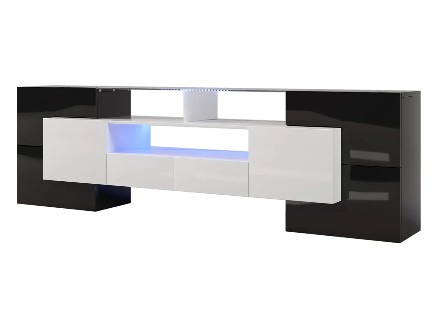 Suporte para TV de 200 cm com iluminação LED, móvel para sala de estar, design moderno, elegante superfície de vidro, preto.