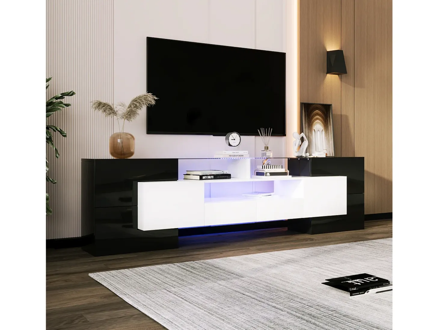 Suporte para TV de 200 cm com iluminação LED, móvel para sala de estar, design moderno, elegante superfície de vidro, preto.