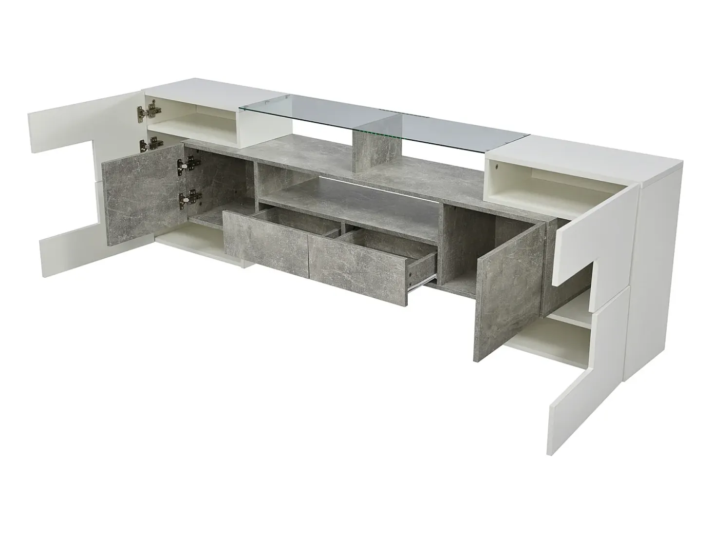 Suporte para TV de 200 cm com iluminação LED, móvel para sala de estar, design moderno, elegante superfície de vidro, cinza.