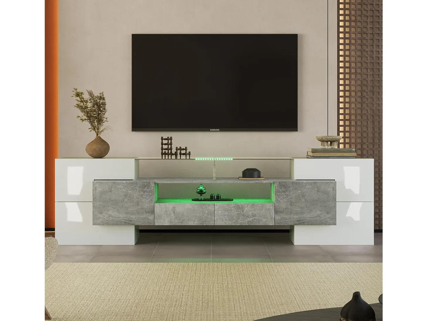 Suporte para TV de 200 cm com iluminação LED, móvel para sala de estar, design moderno, elegante superfície de vidro, cinza.