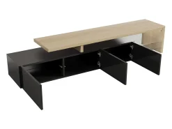 Suporte para TV de 200 cm com iluminação LED, 3 portas e prateleiras de vidro, estilo moderno e baixo, em madeira e preto.