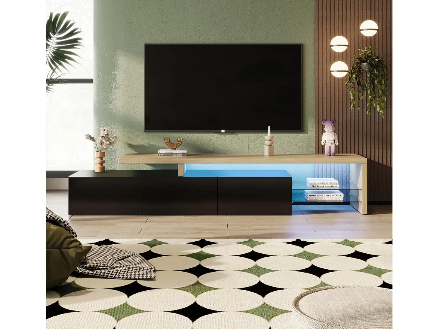 Suporte para TV de 200 cm com iluminação LED, 3 portas e prateleiras de vidro, estilo moderno e baixo, em madeira e preto.