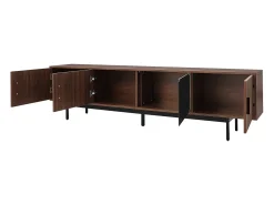 Suporte para TV de 200 cm, móvel moderno para TV com iluminação LED, 3 portas listradas e 1 porta de vidro, estrutura metálica.