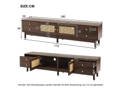 Suporte para TV de 180 cm, móvel para TV em rattan e madeira, com 4 gavetas e 2 portas, estilo retrô, marrom.