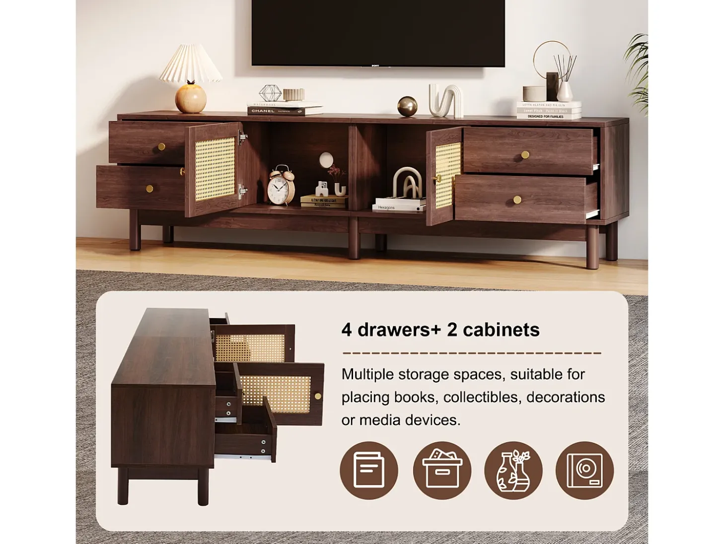 Suporte para TV de 180 cm, móvel para TV em rattan e madeira, com 4 gavetas e 2 portas, estilo retrô, marrom.