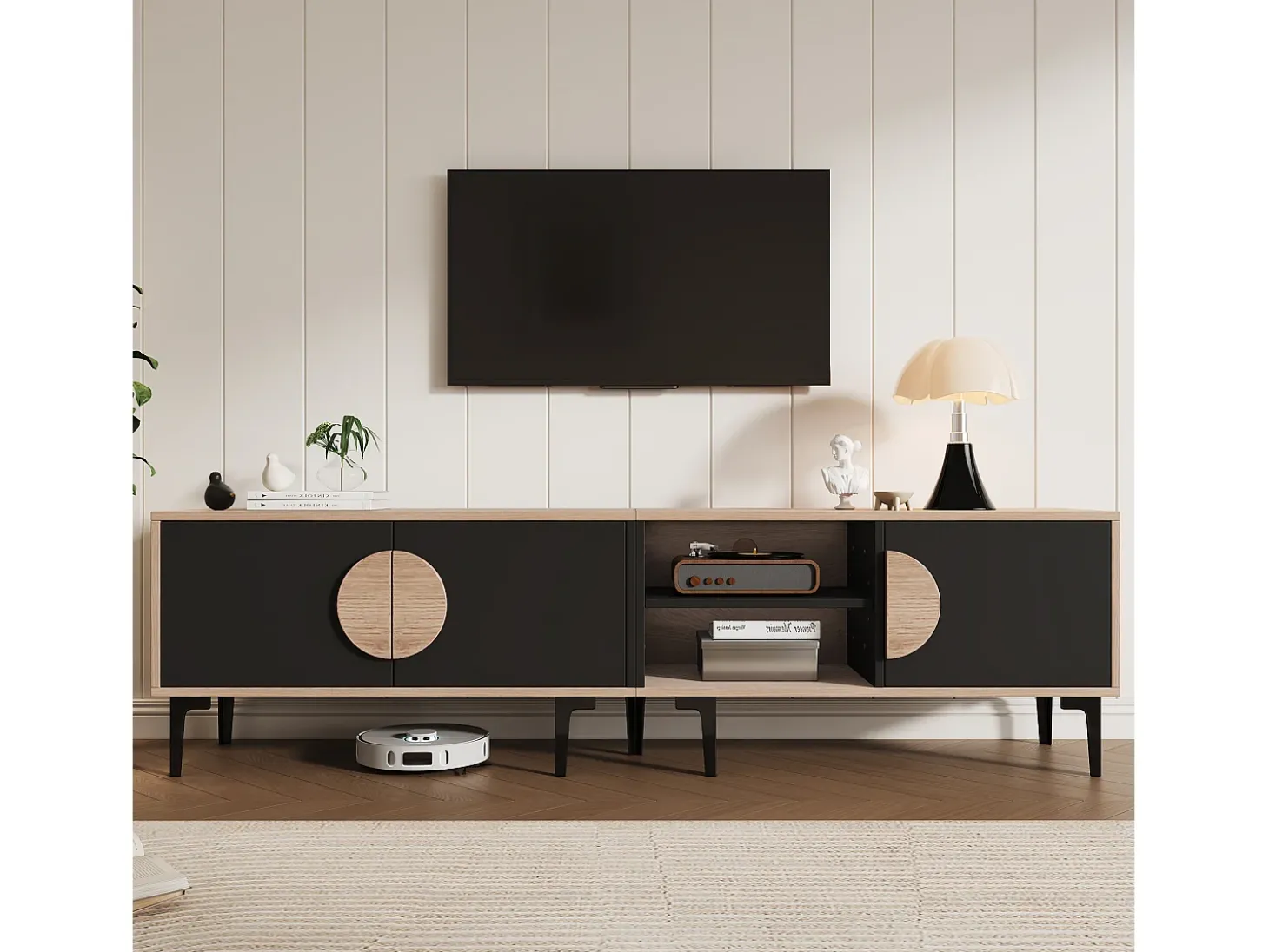 Suporte para TV de 80 polegadas com 3 portas - Cor preto e madeira