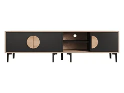 Suporte para TV de 80 polegadas com 3 portas - Cor preto e madeira