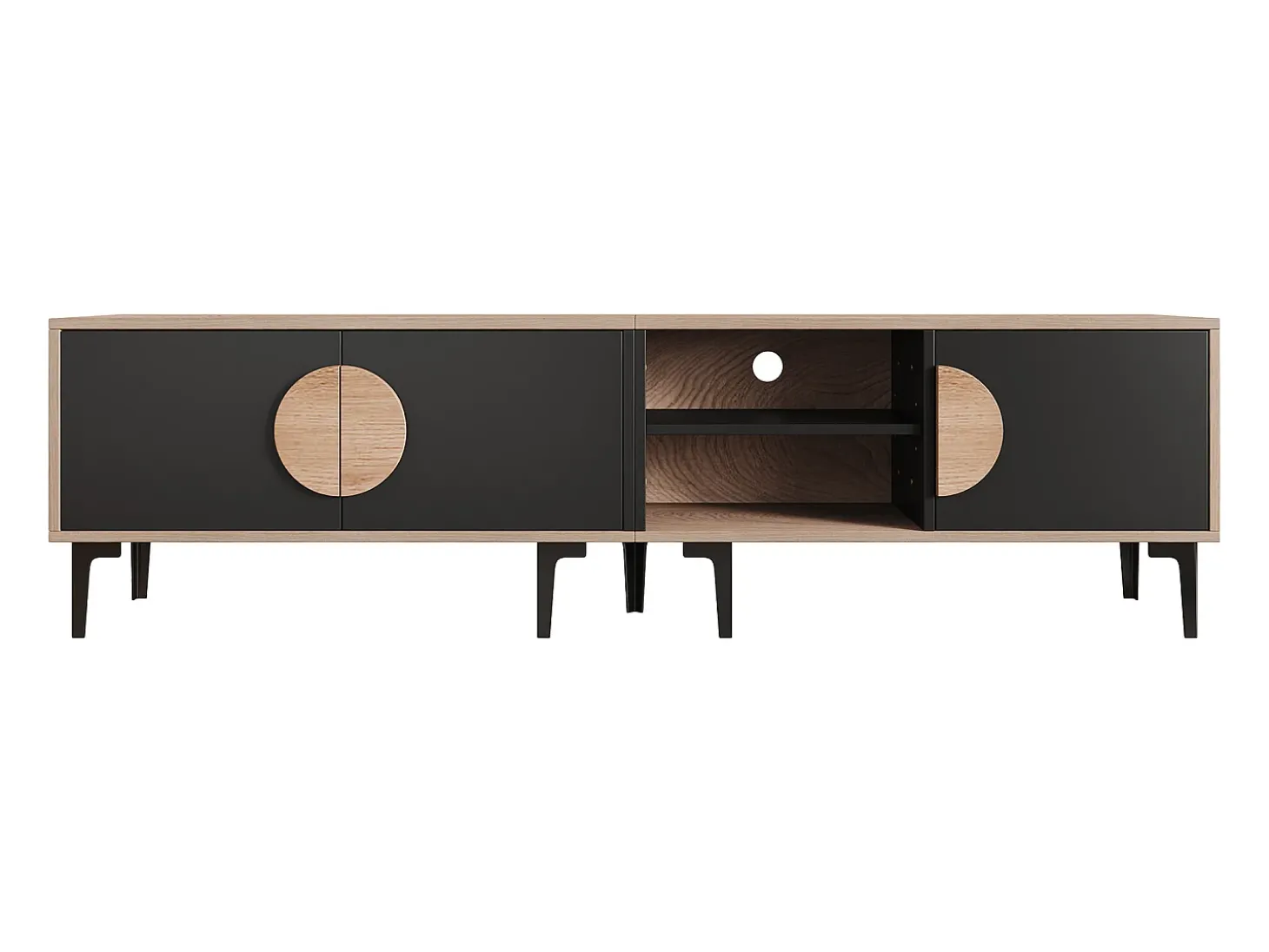 Suporte para TV de 80 polegadas com 3 portas - Cor preto e madeira