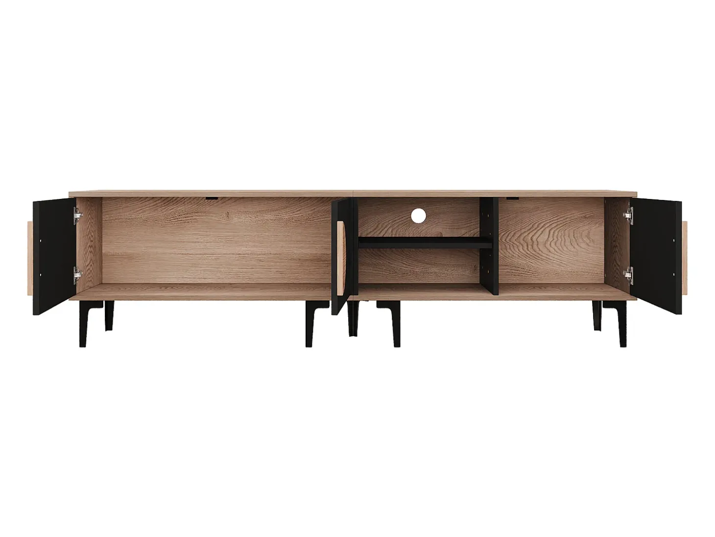 Suporte para TV de 80 polegadas com 3 portas - Cor preto e madeira