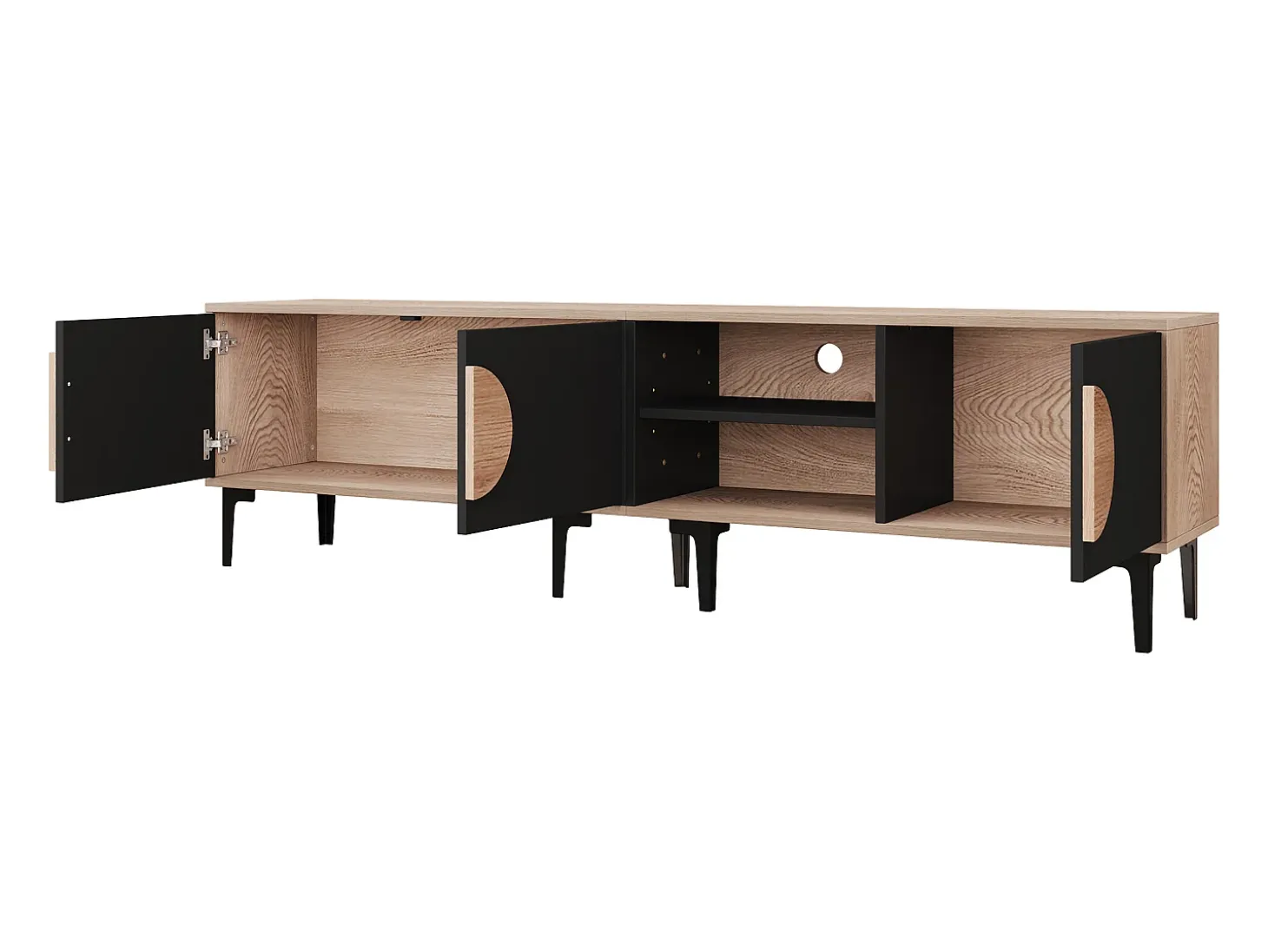 Suporte para TV de 80 polegadas com 3 portas - Cor preto e madeira