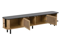 Suporte para TV de 190x35x45 cm com 2 portas de correr e 2 portas de tela metálica - Cor: Madeira e preto