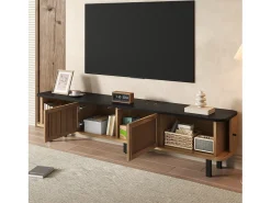 Suporte para TV de 190x35x45 cm com 2 portas de correr e 2 portas de tela metálica - Cor: Madeira e preto