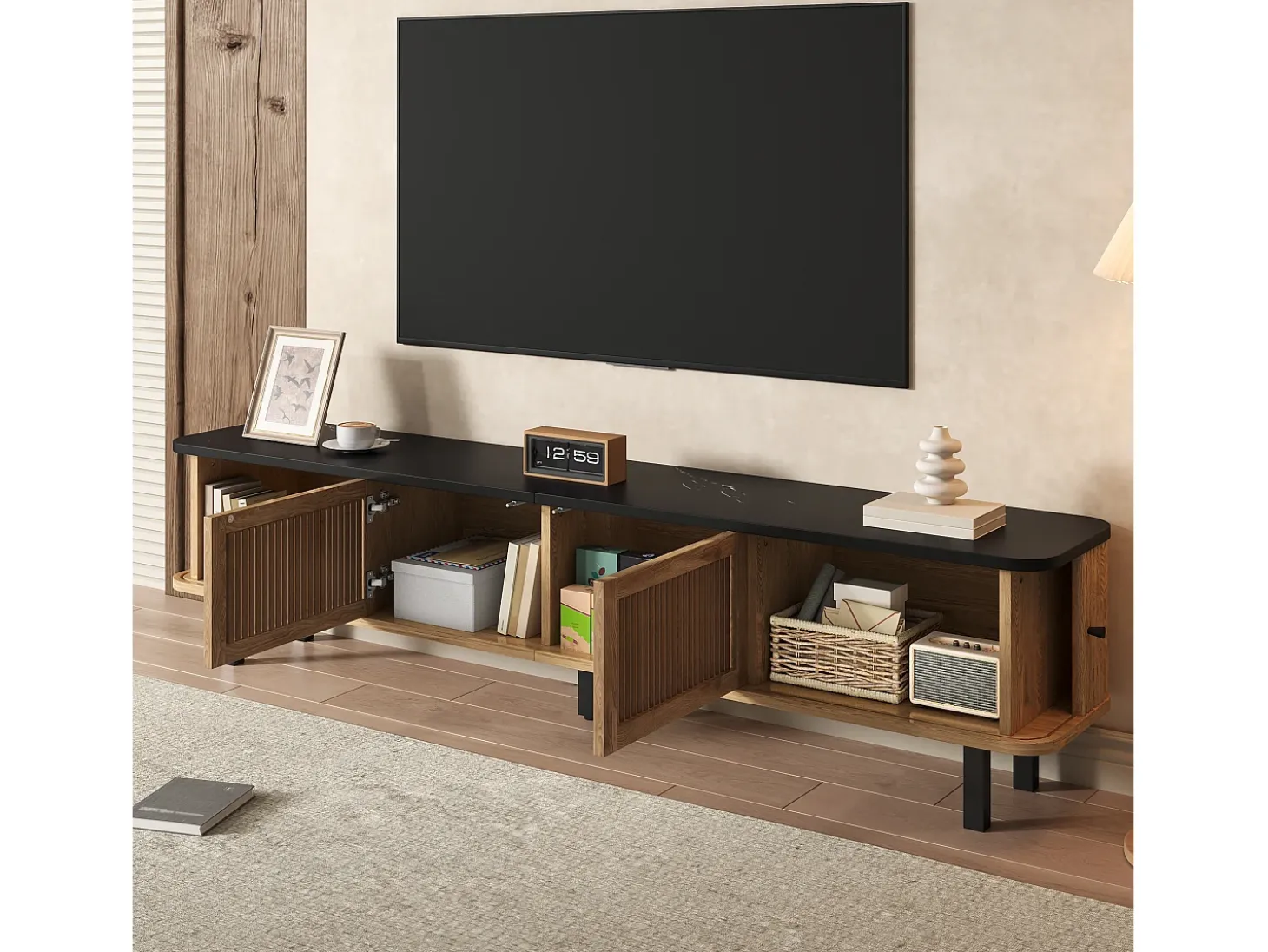 Suporte para TV de 190x35x45 cm com 2 portas de correr e 2 portas de tela metálica - Cor: Madeira e preto