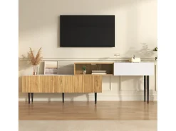 Suporte para TV em madeira e branco - Suporte para TV com 2 portas retráteis e pés em metal - Arrumação aberta