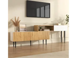 Suporte para TV em madeira e branco - Suporte para TV com 2 portas retráteis e pés em metal - Arrumação aberta