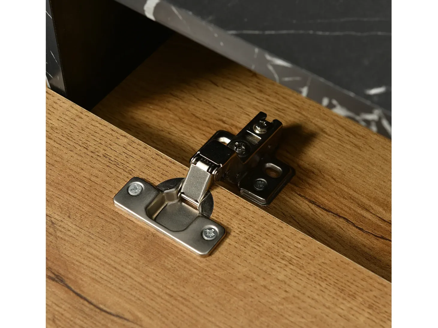 Suporte para TV em madeira e preto - Suporte para TV com 2 portas retráteis e pés em ferro - Arrumação aberta