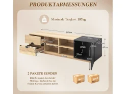 Suporte para TV em madeira contrastante e preto - 180 x 38,5 x 47 cm - com 2 gavetas + porta + prateleira + LEDs - madeira - natural + preto
