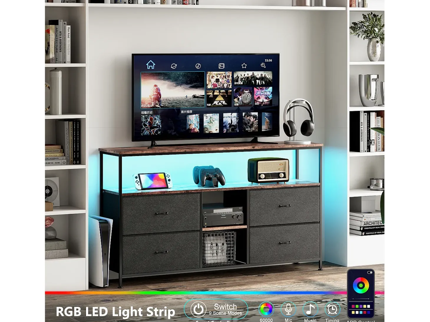 Suporte para TV LED baixo, 137 x 30 x 77 cm, estrutura sólida em metal e madeira, móvel para TV, mesa para TV, preto