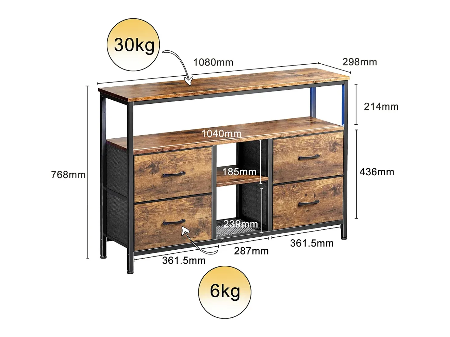 Suporte para TV LED baixo, 108 x 30 x 77 cm, estrutura sólida em metal e madeira, suporte para TV, mesa para TV, madeira