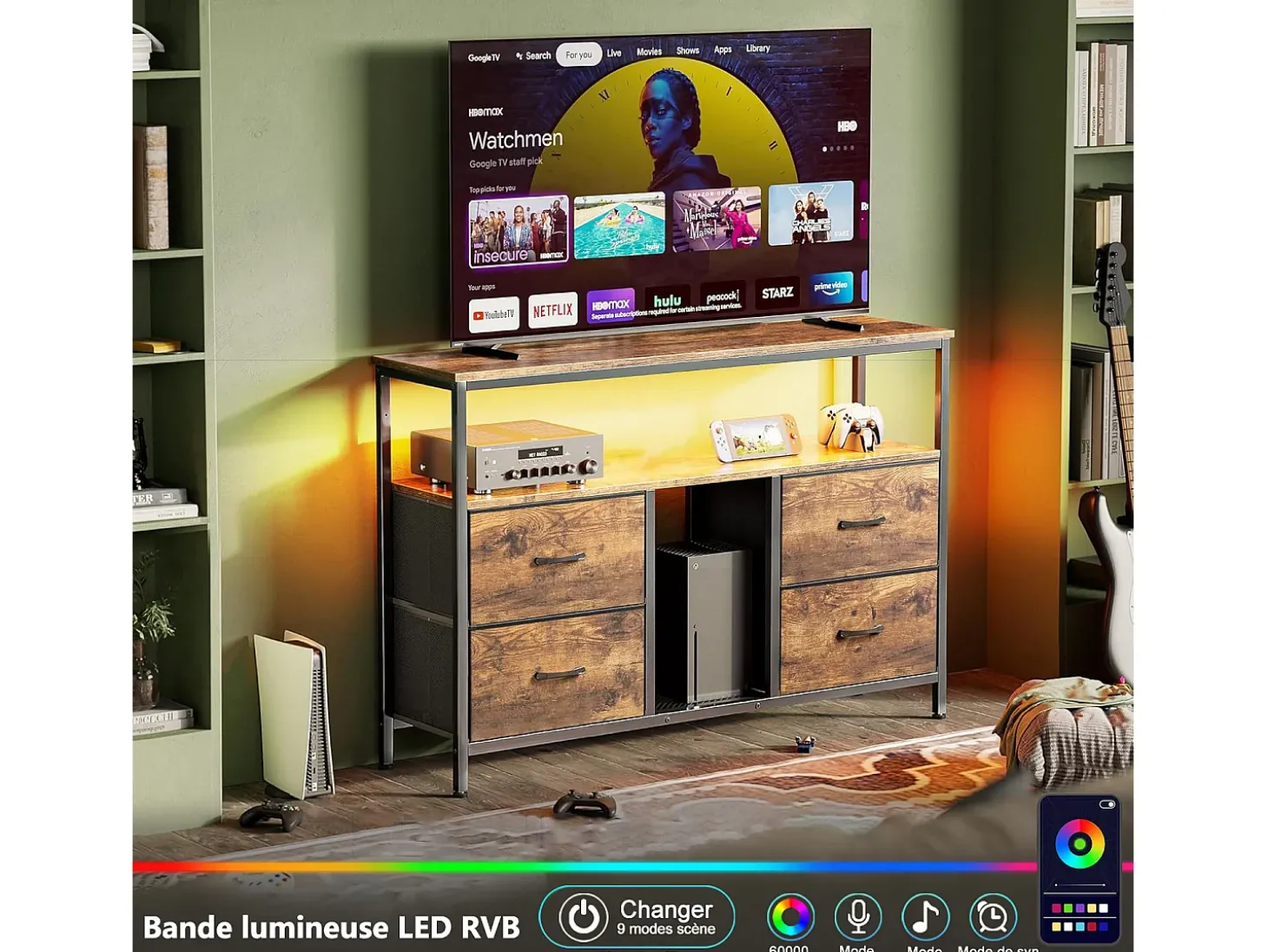 Suporte para TV LED baixo, 108 x 30 x 77 cm, estrutura sólida em metal e madeira, suporte para TV, mesa para TV, madeira