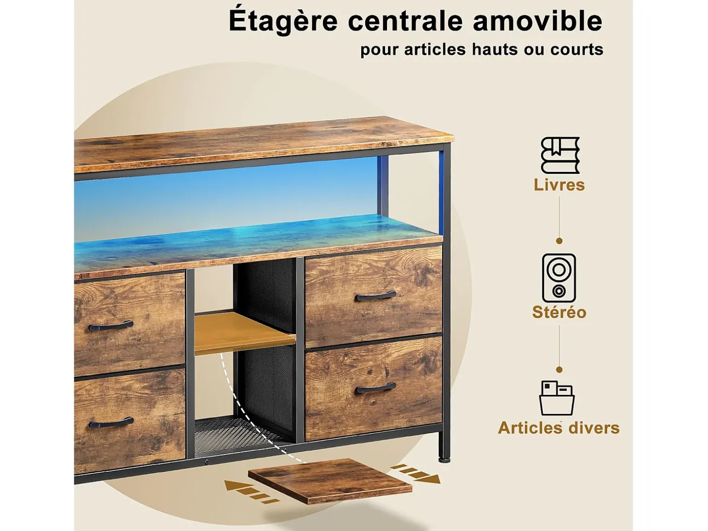Suporte para TV LED baixo, 108 x 30 x 77 cm, estrutura sólida em metal e madeira, suporte para TV, mesa para TV, madeira