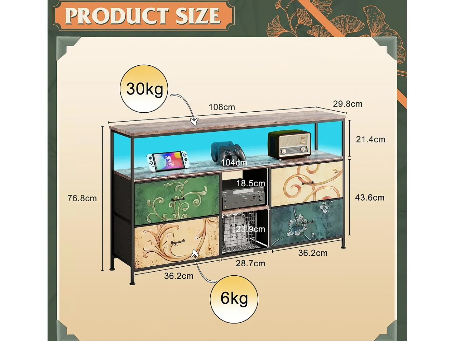 Suporte para TV LED, mesa para TV de 108 cm, com gaveta de tecido, suporte para TV de sala de estar com espaço de armazenamento, colorido