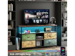 Suporte para TV LED, mesa para TV de 108 cm, com gaveta de tecido, suporte para TV de sala de estar com espaço de armazenamento, colorido