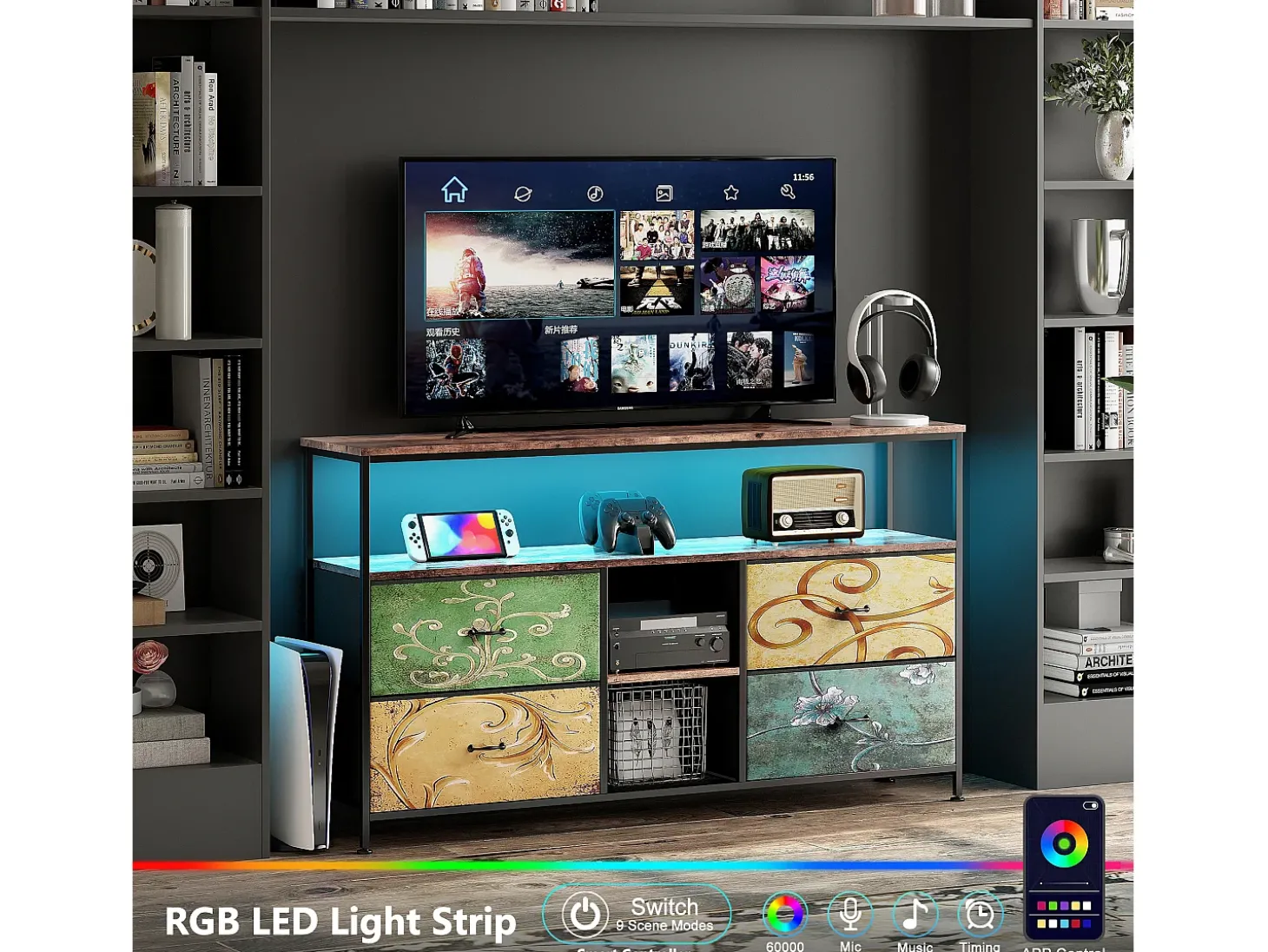 Suporte para TV LED, mesa para TV de 108 cm, com gaveta de tecido, suporte para TV de sala de estar com espaço de armazenamento, colorido