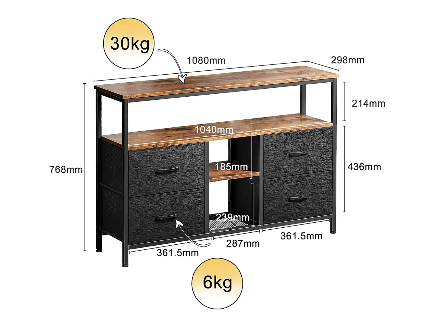 Suporte para TV LED, mesa para TV de 108 cm, com gaveta de tecido, suporte para TV de sala de estar com espaço de armazenamento, preto
