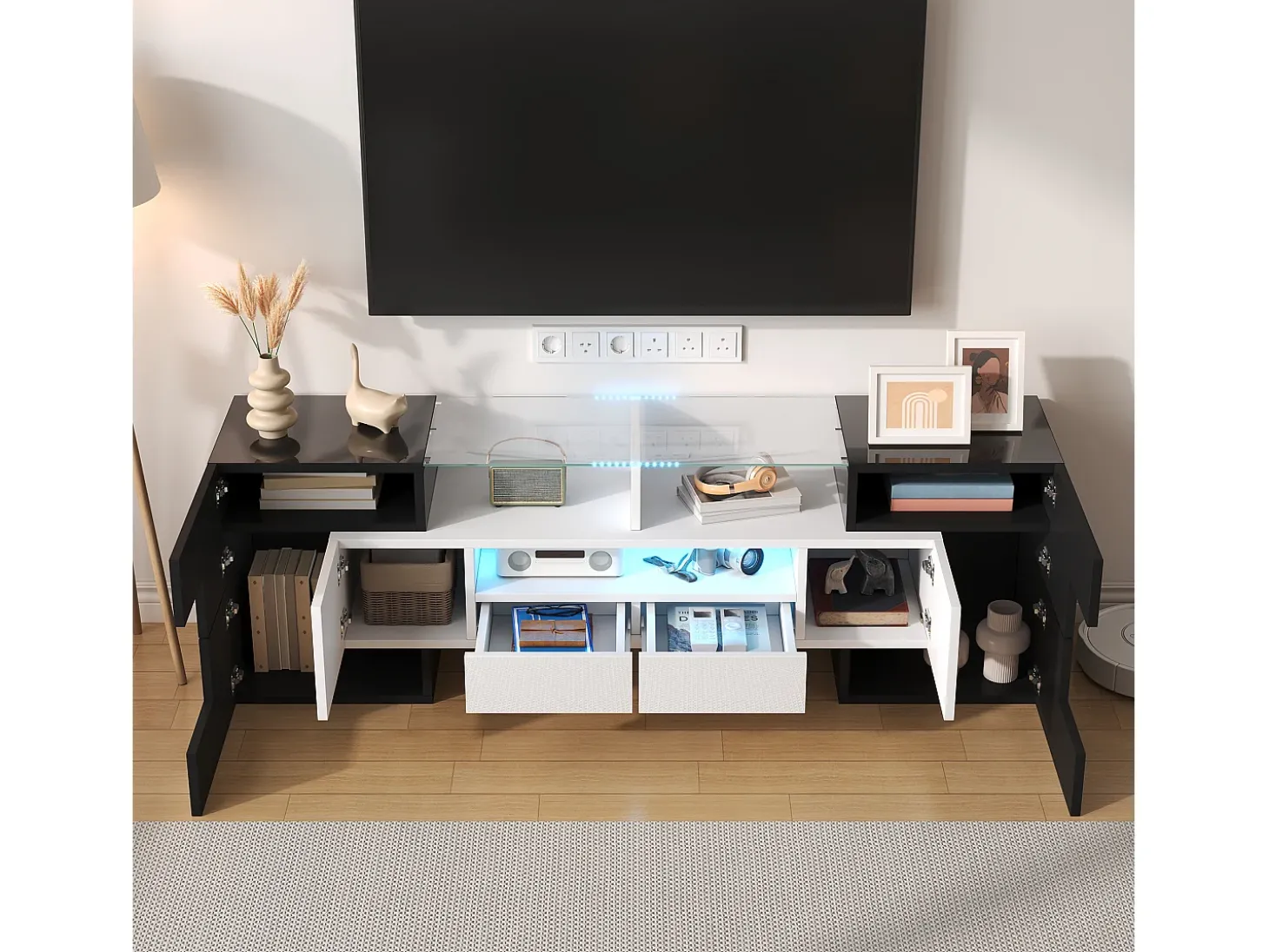 Suporte para TV LED, móvel alto para TV de sala de estar, com espaço de armazenamento, 150 x 30 x 50 cm, branco e cinza.